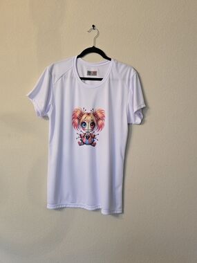 White Womens Graphic Tee with Colorful Doll Print
